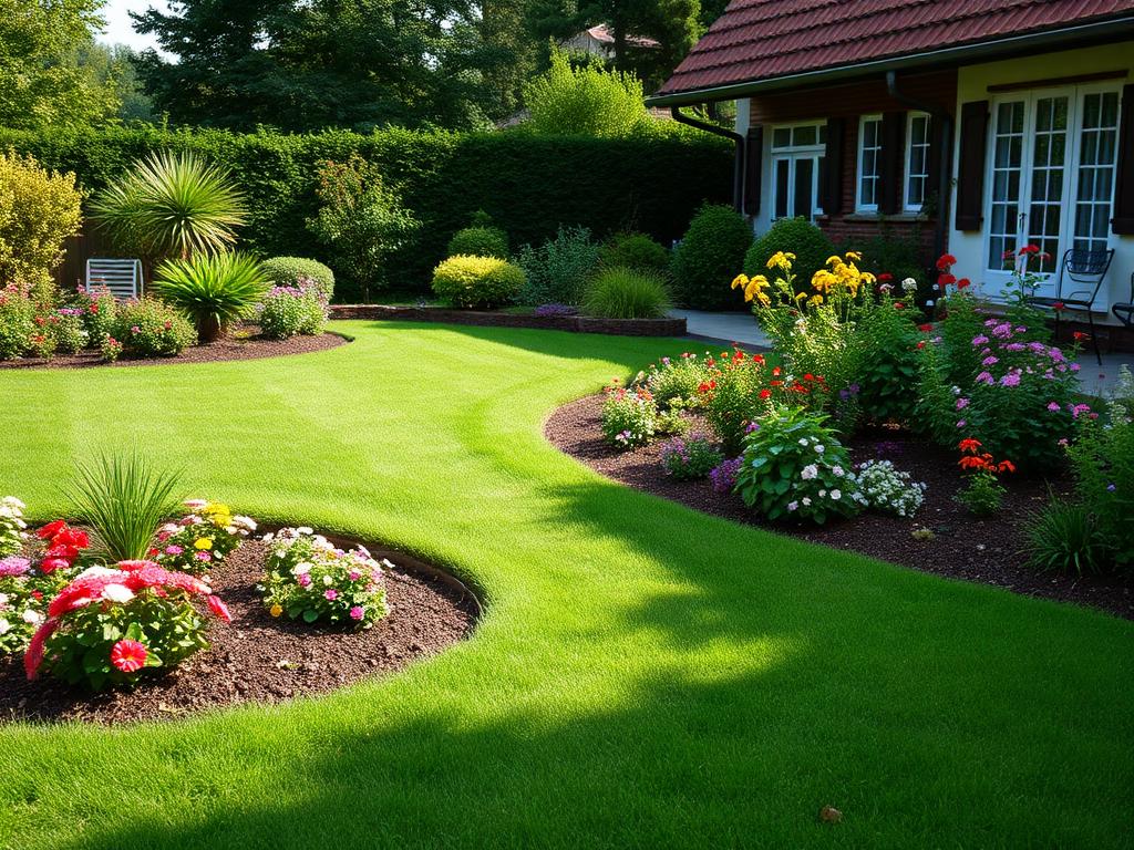 Gepflegter Garten mit bunten Blumenbeeten